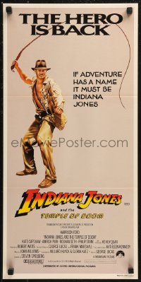 9d0323 INDIANA JONES & THE TEMPLE OF DOOM Aust daybill 1984 art of Harrison Ford, the hero is back!