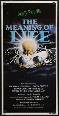 9d0346 MONTY PYTHON'S THE MEANING OF LIFE Aust daybill 1983 wacky art of God creating Earth!