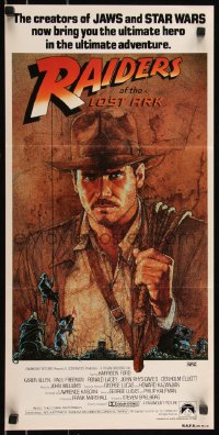 9d0361 RAIDERS OF THE LOST ARK Aust daybill 1981 great Richard Amsel artwork of Harrison Ford!