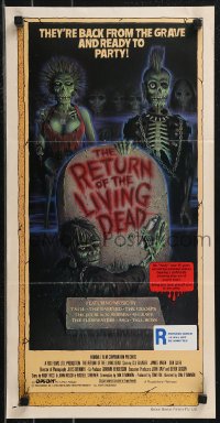 9d0366 RETURN OF THE LIVING DEAD Aust daybill 1985 art of punk zombies by tombstone ready to party!