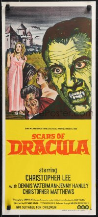 9d0375 SCARS OF DRACULA Aust daybill 1971 great close up art of vampire Christopher Lee, Hammer horror!