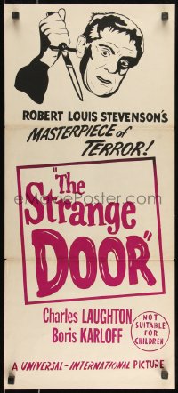 9d0394 STRANGE DOOR Aust daybill R1960s different art of crazed Boris Karloff with knife!