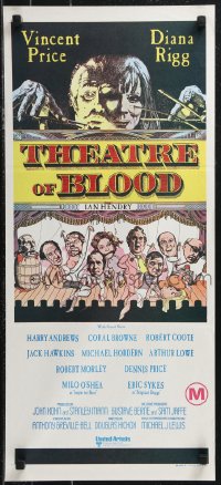 9d0399 THEATRE OF BLOOD Aust daybill 1973 Vincent Price holding bloody skull w/dead audience!
