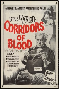 9d0557 CORRIDORS OF BLOOD 1sh 1963 Boris Karloff, Christopher Lee, blood-curdling experiments!