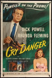 9d0566 CRY DANGER 1sh 1951 great film noir art of Dick Powell & Rhonda Fleming!