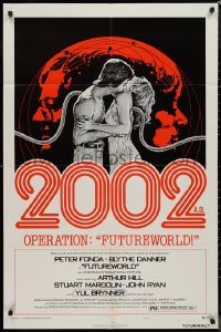 9d0668 FUTUREWORLD style C 1sh 1976 different art of Peter Fonda & Blythe Danner escaping!