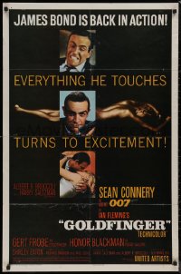 9d0678 GOLDFINGER 1sh 1964 three images of Sean Connery as James Bond 007 with a flat finish!
