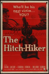 9d0707 HITCH-HIKER 1sh 1953 POV art of hitchhiker in back seat pointing gun at front!