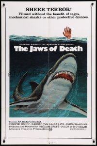 9d0740 JAWS OF DEATH 1sh 1976 Mako, Jaeckel, great art of shark attacking & hand raised from water!