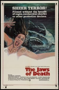 9d0741 JAWS OF DEATH 1sh 1976 great artwork image of giant shark underwater w/ terrified sexy woman!