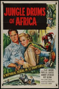 9d0745 JUNGLE DRUMS OF AFRICA 1sh 1952 Clayton Moore with gun & Phyllis Coates, Republic serial!