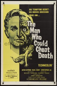 9d0771 MAN WHO COULD CHEAT DEATH 1sh 1959 Hammer horror, cool half-alive & half-dead headshot art!