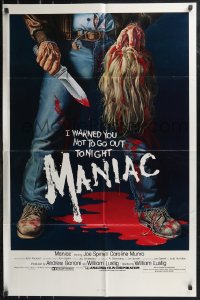 9d0776 MANIAC 1sh 1980 most classic gory Gaia horror artwork of killer holding blonde scalp!