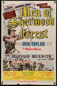 9d0783 MEN OF SHERWOOD FOREST 1sh 1956 art of Don Taylor as Robin Hood fighting many guards!