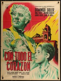 9d0134 CON TODO EL CORAZON Mexican poster 1951 Mendoza art of priest w/baby by destroyed church!