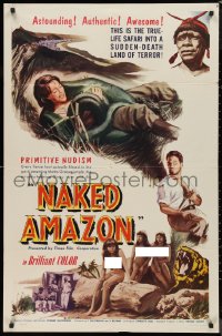 9d0799 NAKED AMAZON 1sh 1955 South American jungle adventure, art of girl trapped by anaconda!