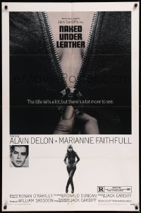 9d0801 NAKED UNDER LEATHER 1sh 1970 Alain Delon, super c/u of sexy Marianne Faithfull unzipping!