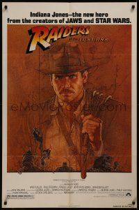 9d0848 RAIDERS OF THE LOST ARK 1sh 1981 great art of adventurer Harrison Ford by Richard Amsel