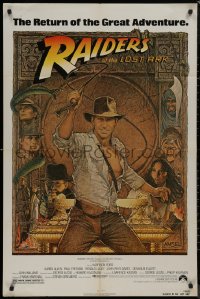 9d0849 RAIDERS OF THE LOST ARK 1sh R1982 great Richard Amsel art of adventurer Harrison Ford!