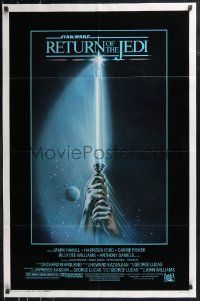 9d0853 RETURN OF THE JEDI 1sh 1983 George Lucas, art of hands holding lightsaber by Reamer!
