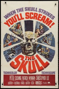 9d0891 SKULL 1sh 1965 Peter Cushing, Christopher Lee, cool horror artwork of creepy skull!