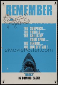 9f0286 JAWS teaser Canadian 1sh R1979 Spielberg's man-eating shark attacking guy in boat, rare!