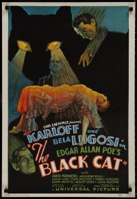 9f0124 BLACK CAT 20x29 commercial poster 1970s Boris Karloff, Bela Lugosi, cool art!
