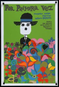 9f0575 FOR THE FIRST TIME Cuban R1990s Munoz Bachs silkscreen art of Chaplin in flower field!