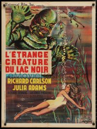 9f0442 CREATURE FROM THE BLACK LAGOON French 24x32 R1962 Belinsky art of monster looming over Adams!