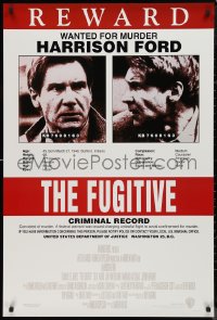 9f0840 FUGITIVE recalled int'l 1sh 1993 Harrison Ford is on the run, cool wanted poster design!