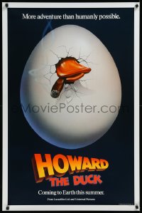 9f0892 HOWARD THE DUCK teaser 1sh 1986 George Lucas, great art of hatching egg with cigar in mouth!