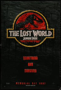 9f0932 JURASSIC PARK 2 teaser DS 1sh 1997 Spielberg, classic logo with T-Rex over red background!
