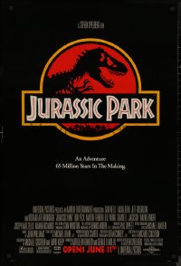 9f0931 JURASSIC PARK advance 1sh 1993 Steven Spielberg, classic logo with T-Rex over red background