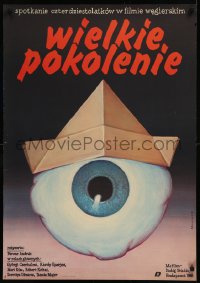 9f0304 A NAGY GENERACIO Polish 26x38 1987 wild Miroslaw Adamczyk art of eye with paper hat!