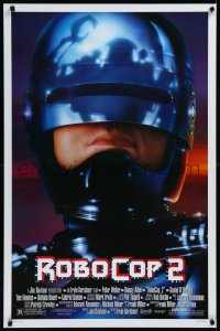 9f1064 ROBOCOP 2 1sh 1990 great close up of cyborg policeman Peter Weller, sci-fi sequel!