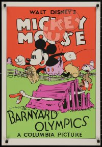 9f0109 BARNYARD OLYMPICS 21x31 art print 1970s-80s art of Mickey Mouse jumping over chicken coop!