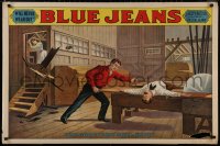 9f0040 BLUE JEANS 28x42 stage poster 1890 stone litho of man about to be bisected by sawblade!