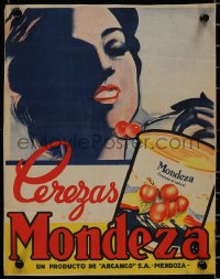 9f0067 MONDEZA 10x13 Argentinean advertising poster 1950s different art of woman & can of cherries!