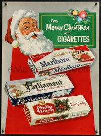 9f0068 SAY MERRY CHRISTMAS WITH CIGARETTES 19x26 advertising poster 1950s art of Santa & cigs!