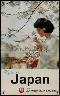 9f0039 JAPAN AIR LINES JAPAN 25x39 Japanese travel poster 1967 woman, sakura at Heian Shrine!