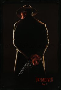 9f1183 UNFORGIVEN teaser 1sh 1992 image of gunslinger Clint Eastwood w/back turned, dated design!