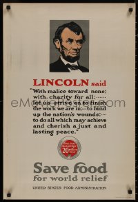 9f0076 SAVE FOOD FOR WORLD RELIEF 20x30 WWI war poster 1910s President Abraham Lincoln quote!