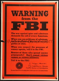 9f0082 WARNING FROM THE FBI 20x28 WWII war poster 1943 Hoover asks you to report suspicious activity!