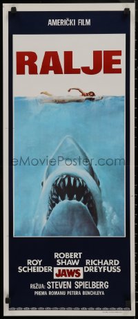 9f0249 JAWS Yugoslavian 14x32 1975 Spielberg's classic man-eating shark attacking swimmer, Ralje!