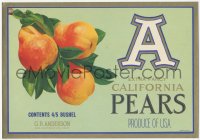 9g0950 A 8x11 crate label 1940s art of extra fancy California pears, produce of U.S.A.!