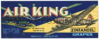 9g0951 AIR KING 5x13 crate label 1940s Zinfandel grapes, cool art of airplane flying over airport!