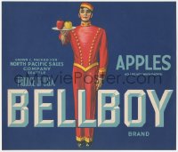 9g0955 BELLBOY BRAND 9x10 crate label 1940s great art of bellboy holding apples on platter!