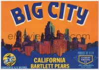 9g0956 BIG CITY 8x11 produce crate label 1960s great art of city skyline!
