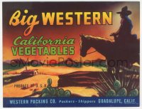 9g0957 BIG WESTERN 5x7 crate label 1940s California vegetables, great art of cowboy on horse!