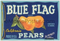 9g0960 BLUE FLAG 8x11 crate label 1940s great art of California pears, produce of U.S.A.!